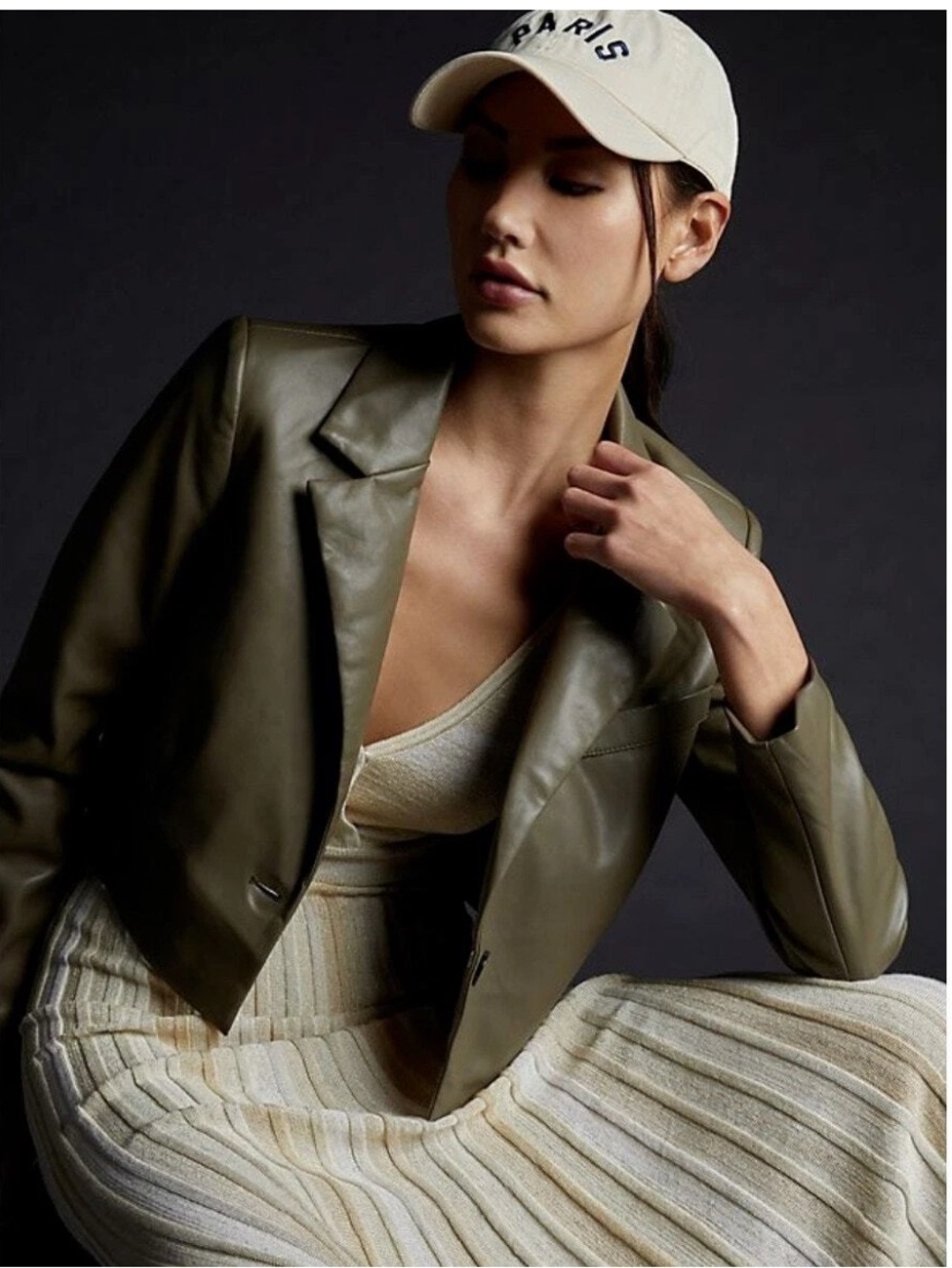 Avec Les Filles Olive Cropped Faux Leather Blazer